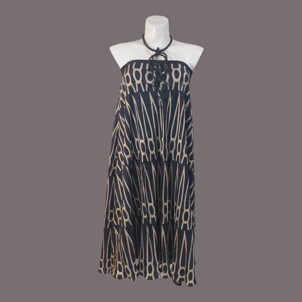 Anupama Women's Large Black Beige Geometric Print Maxi Skirt Boho Elastic Waist - Picture 10 of 13